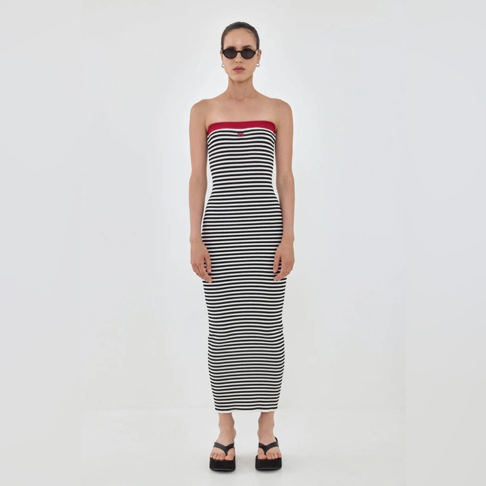 De Rococo Strapless Maxi Striped Ribbed Dress, Size XS